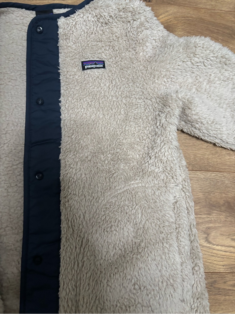 Patagonia Kids Cream Sherpa Puffer Jacket with Navy Trim